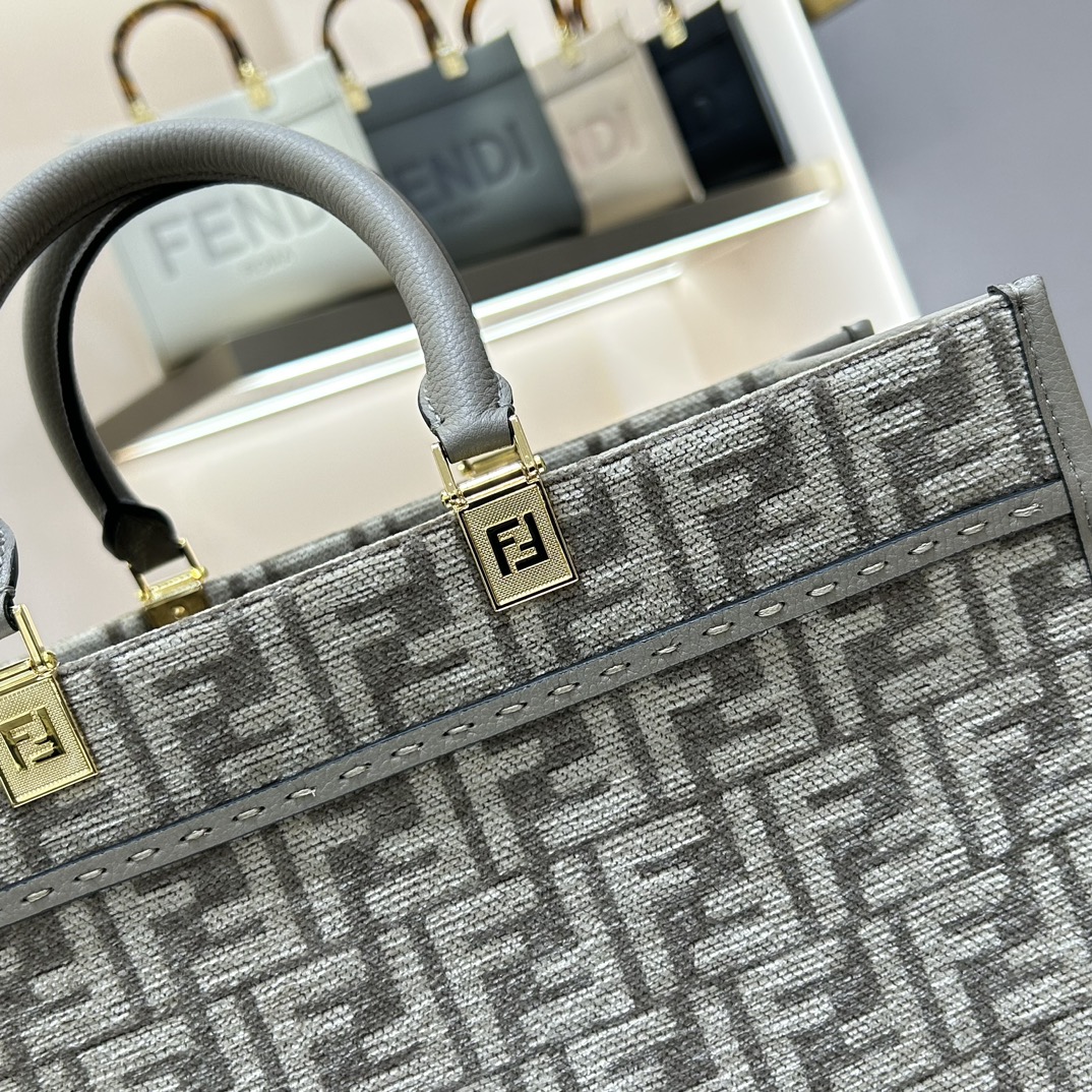 Fendi Medium Sunshine Shopper Grey FF Jacquard Fabric Bag 